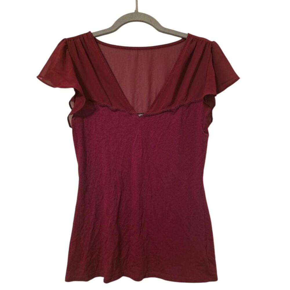 Express Womens S Burgundy Sheer Chiffon Flutter Sleeve V Neck Y2K Top